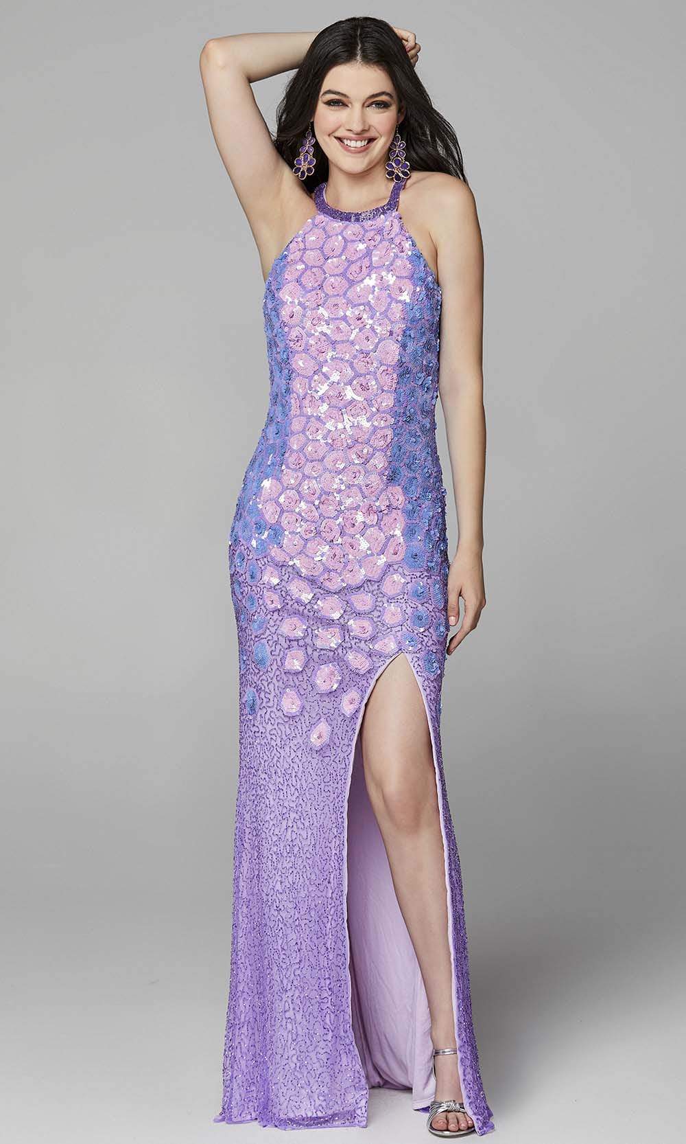 Primavera Couture - 3642 Sequin Halter Dress with Slit - detail view