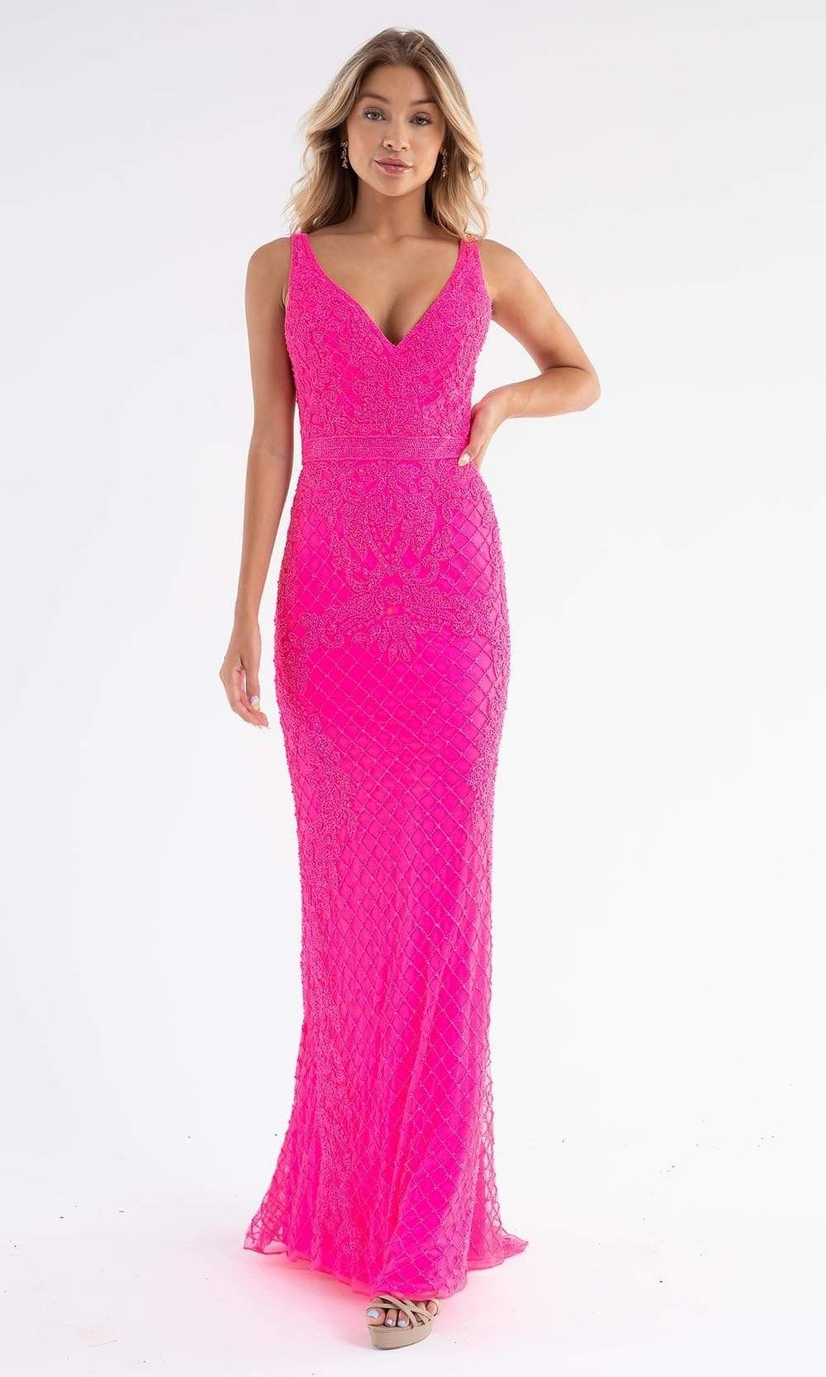 Primavera Couture - 3741 V-Neck Beaded Lace Long Gown