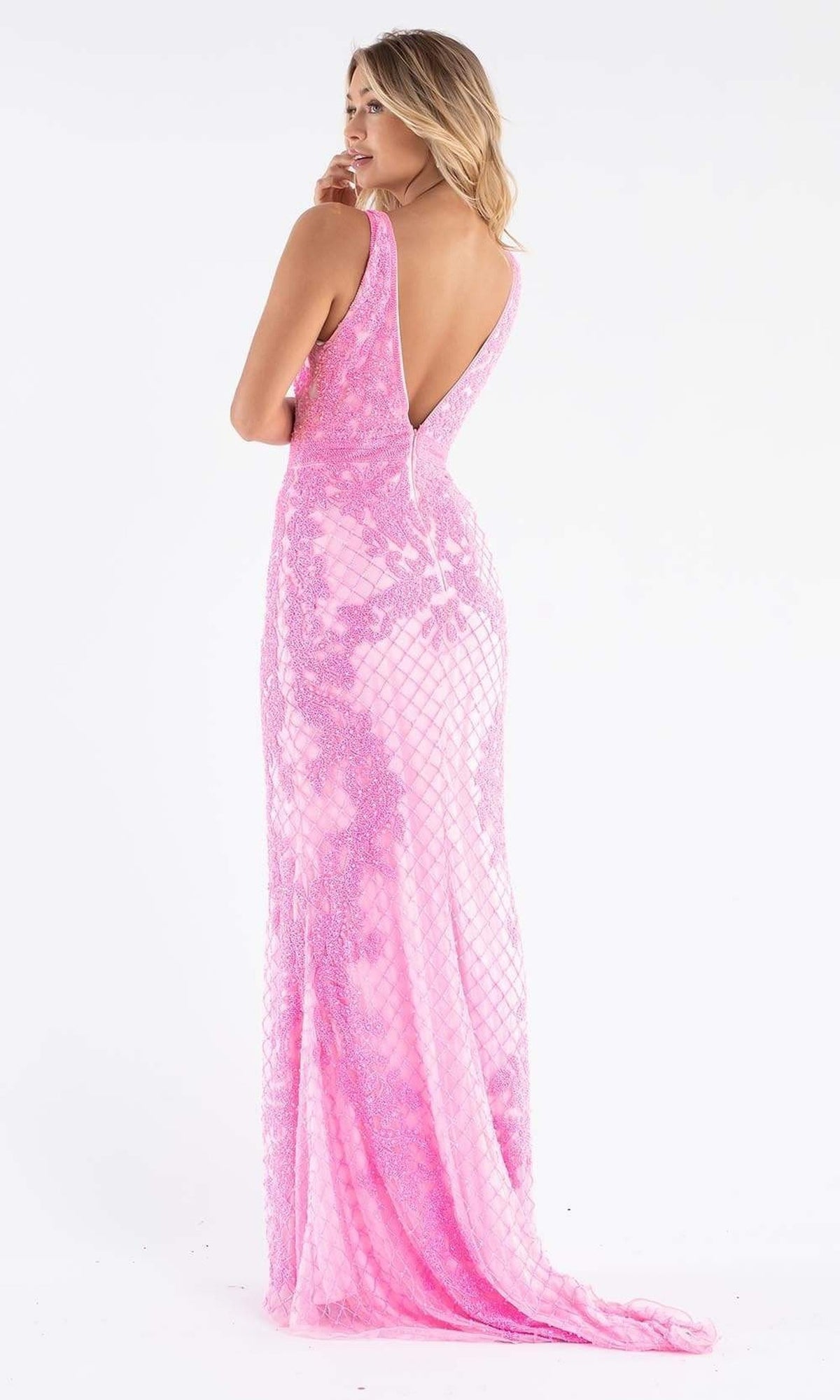 Primavera Couture - 3741 V-Neck Beaded Lace Long Gown