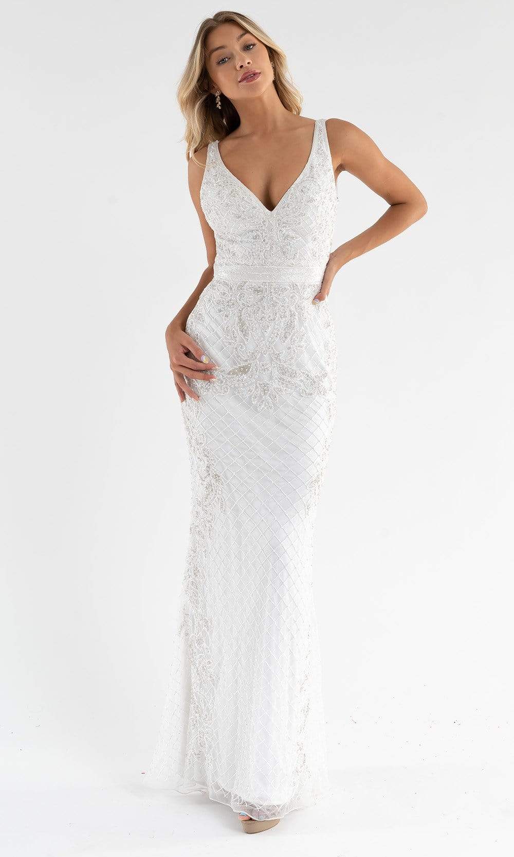 Primavera Couture - 3741 V-Neck Beaded Lace Long Gown - back view