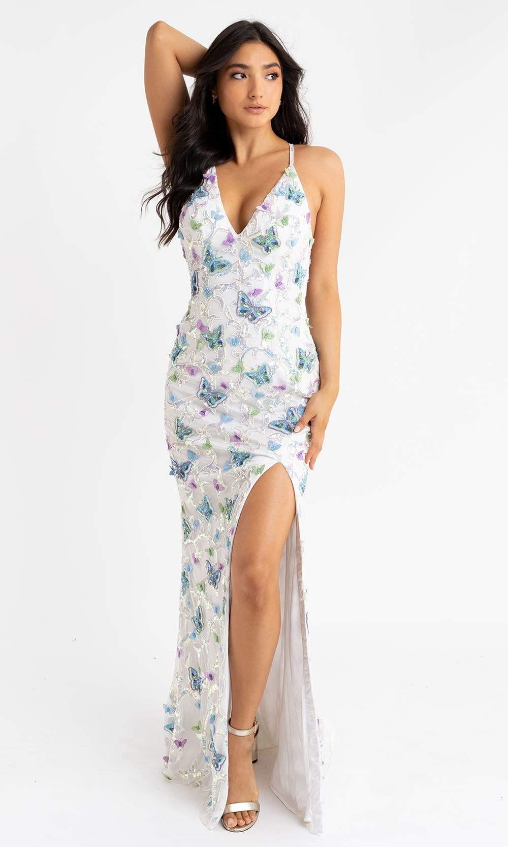 Primavera Couture - 3748 Colorful Butterfly Plunging V Neckline Long Gown - view 7