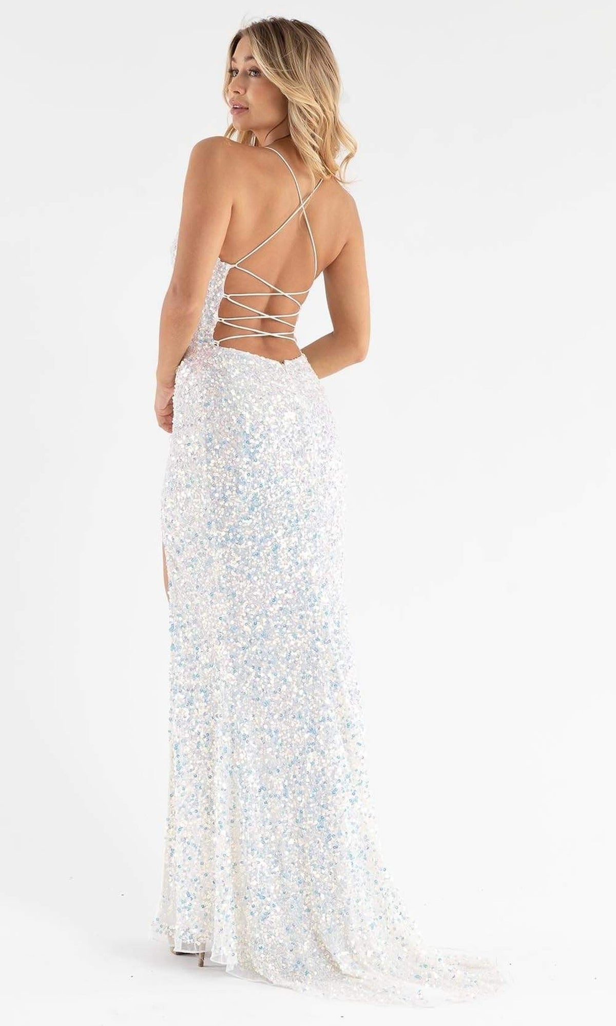 Primavera Couture - 3791 V-Neck Sequin Lace Up Dress