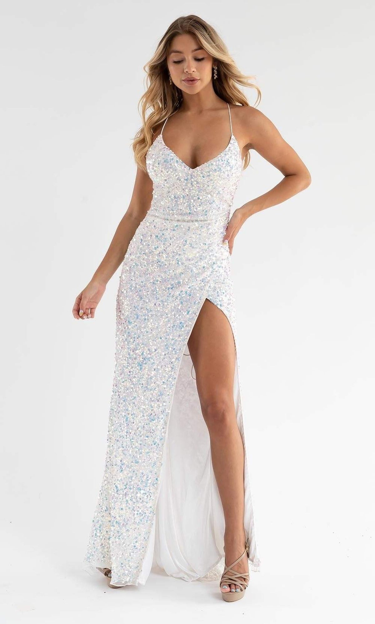 Primavera Couture - 3791 V-Neck Sequin Lace Up Dress