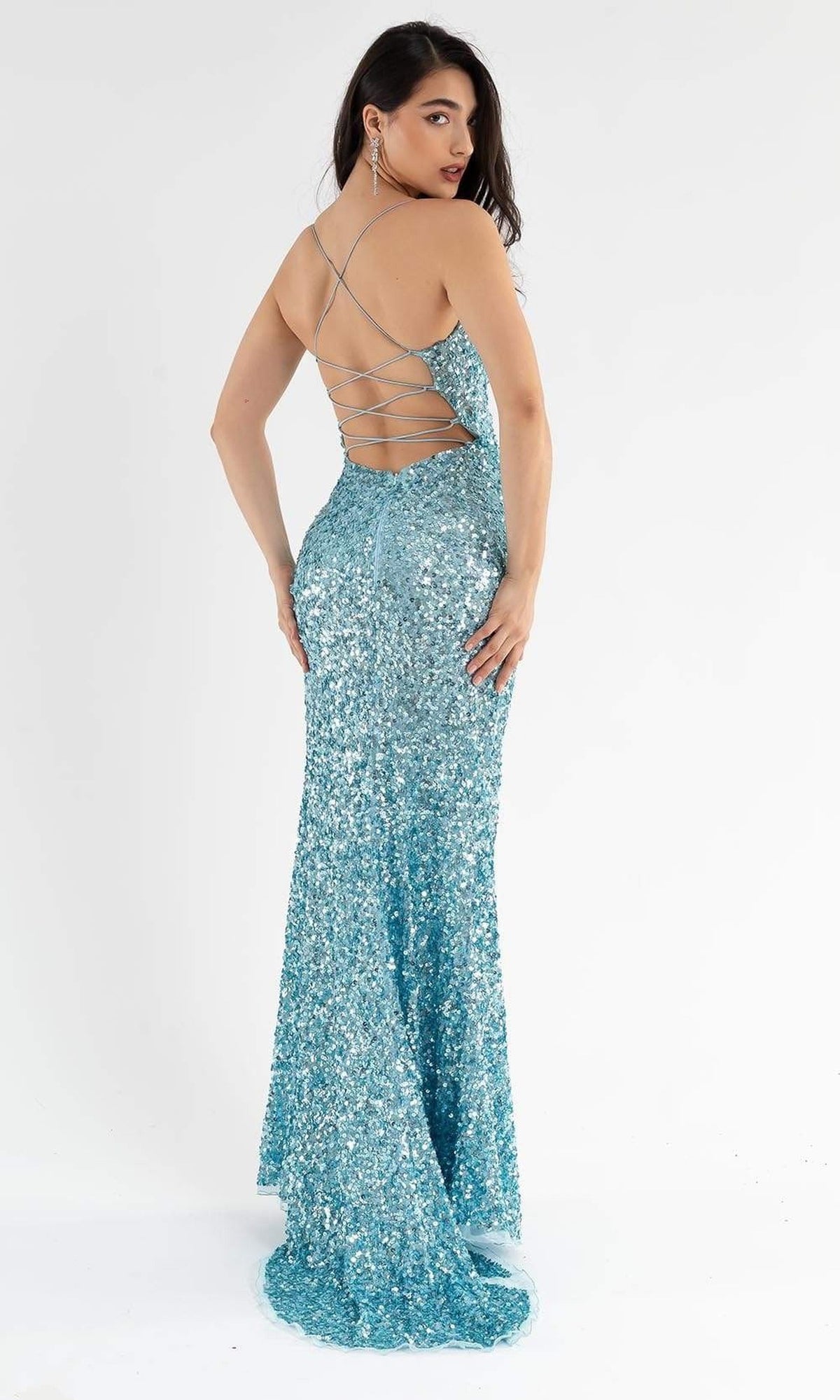 Primavera Couture - 3791 V-Neck Sequin Lace Up Dress