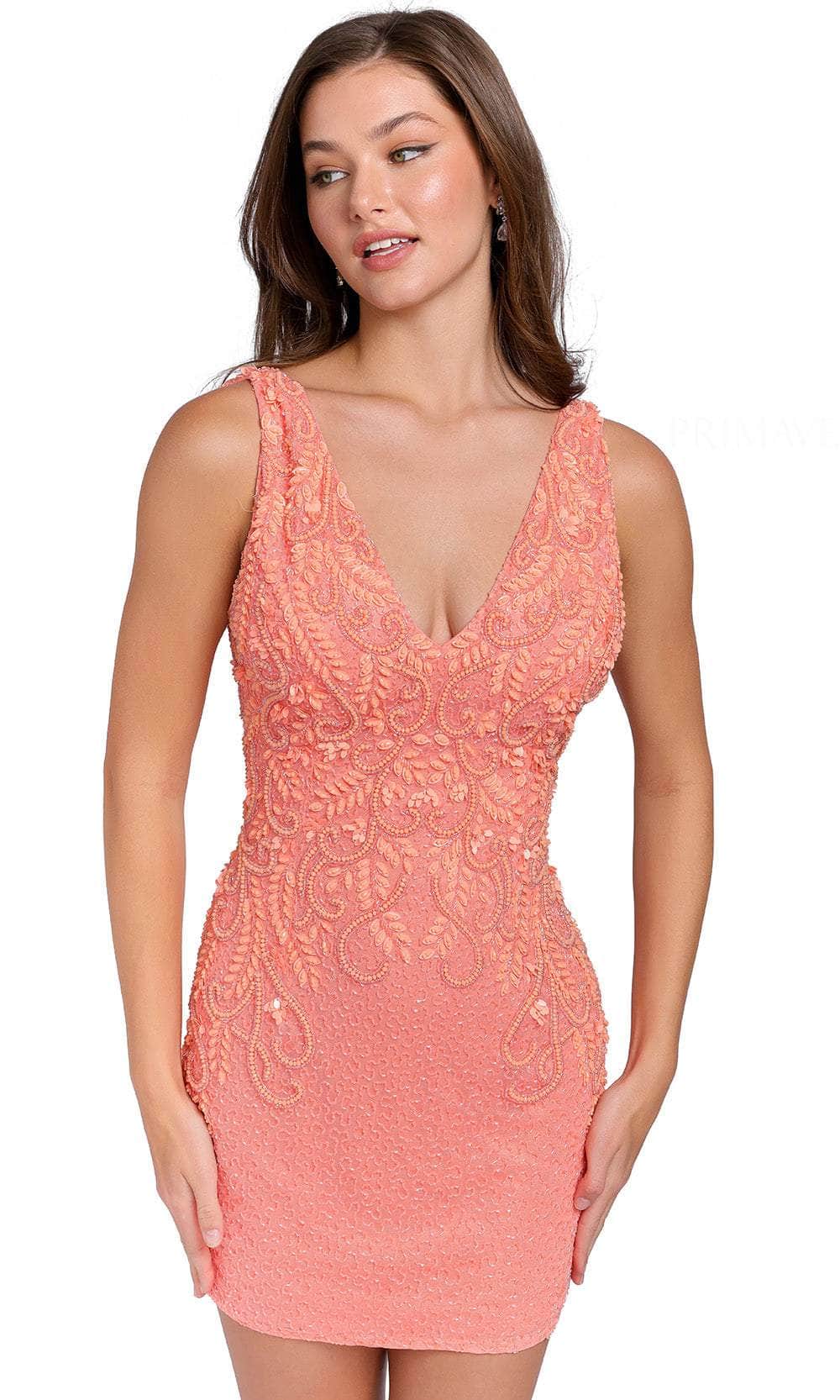 Primavera Couture 3807 - Bejeweled Appliqued V-Neck Cocktail Dress - designer homecoming dress at Silhouette Dresses