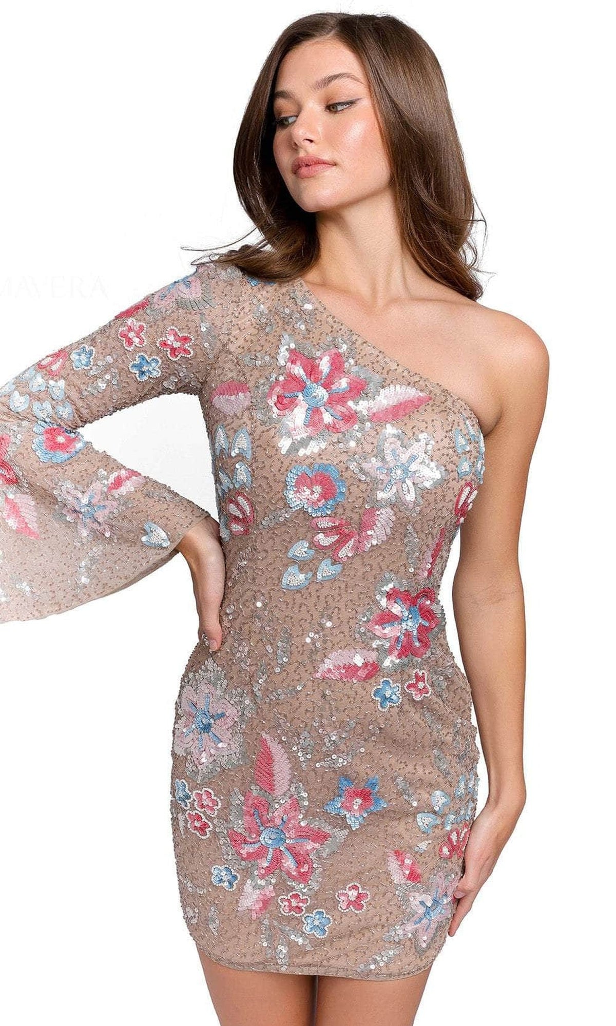 Primavera Couture 3810 - One Bell Sleeve Asymmetrical Short Dress