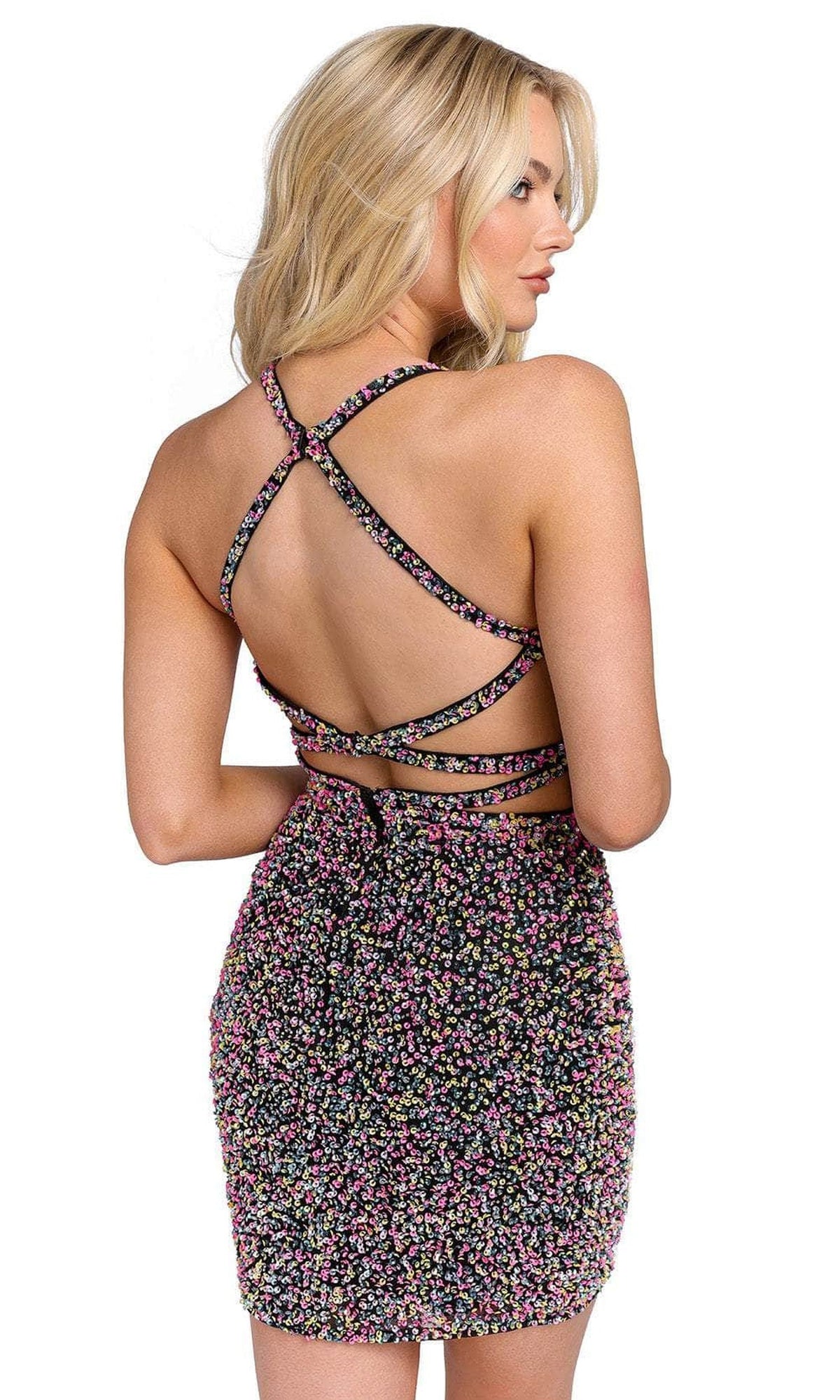 Primavera Couture 3824 - Sequined Strappy Back Cocktail Dress