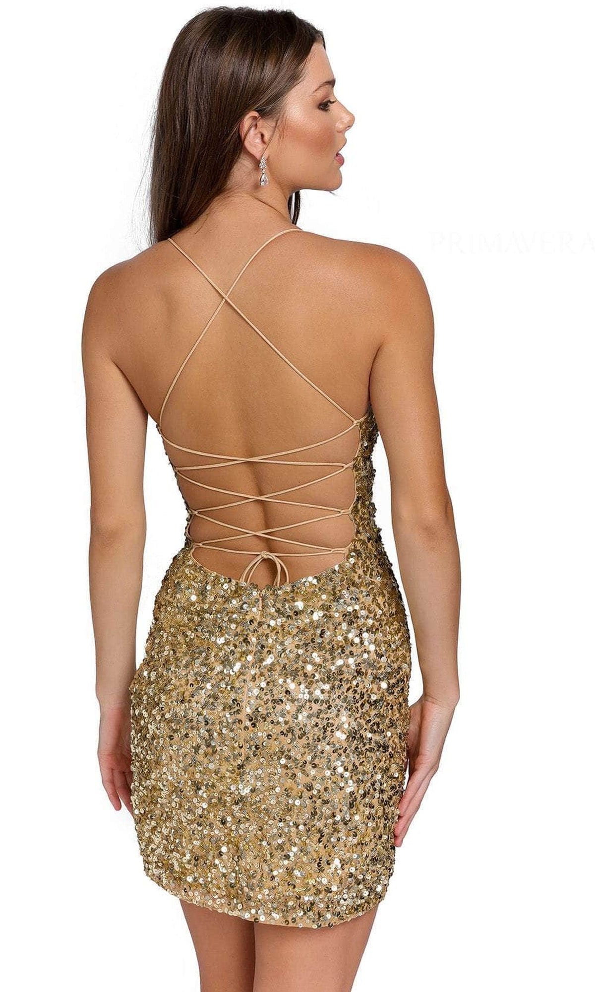 Primavera Couture 3891 - Deep V-Neck Side Slit Cocktail Dress