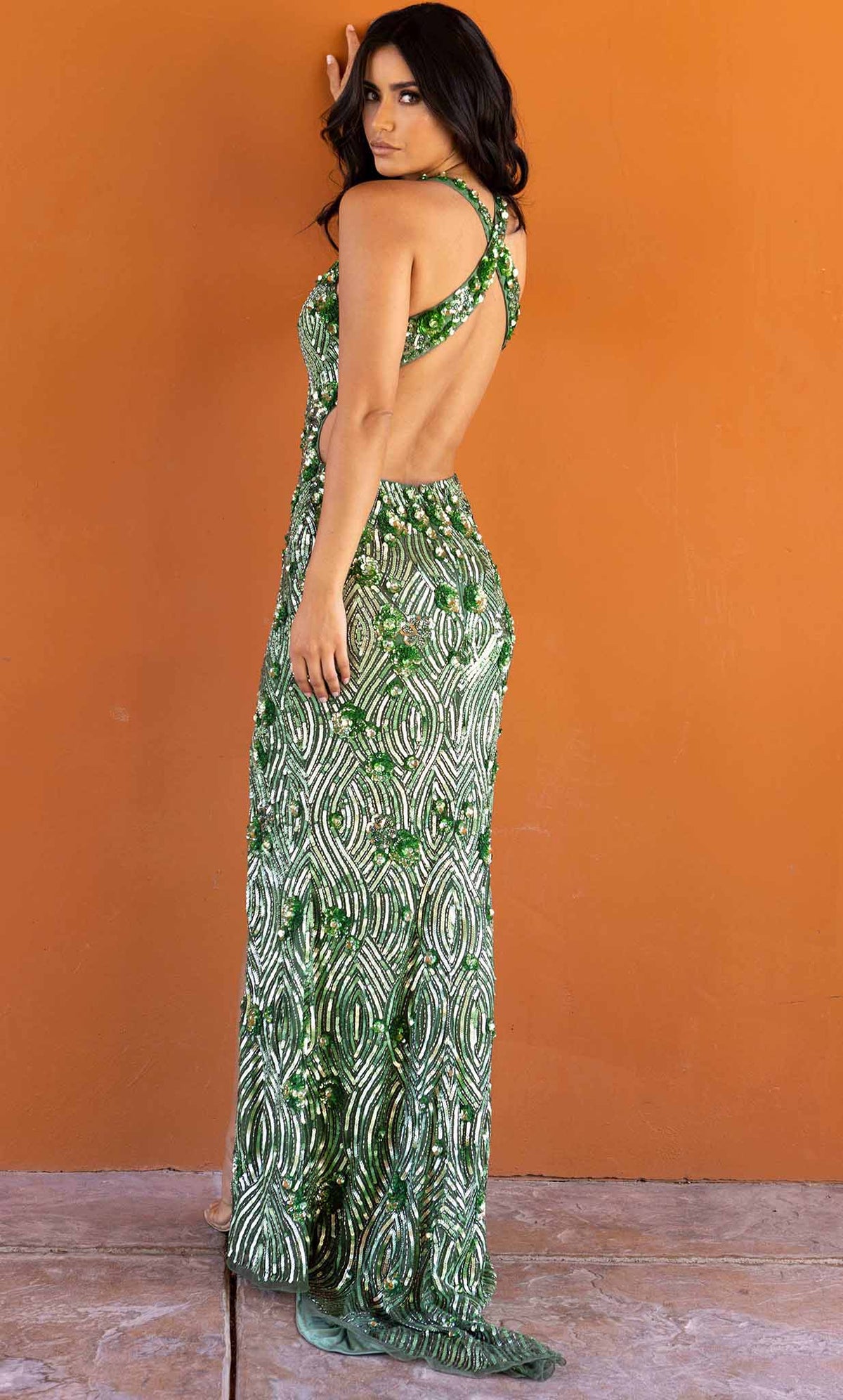 Primavera Couture 3918 - V-Neck Open Back Prom Gown - detail view