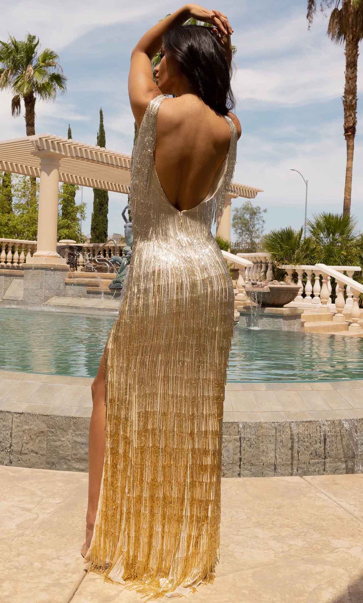 Primavera Couture 3919 - Beaded Fringed V-Neck Prom Dress - view 6
