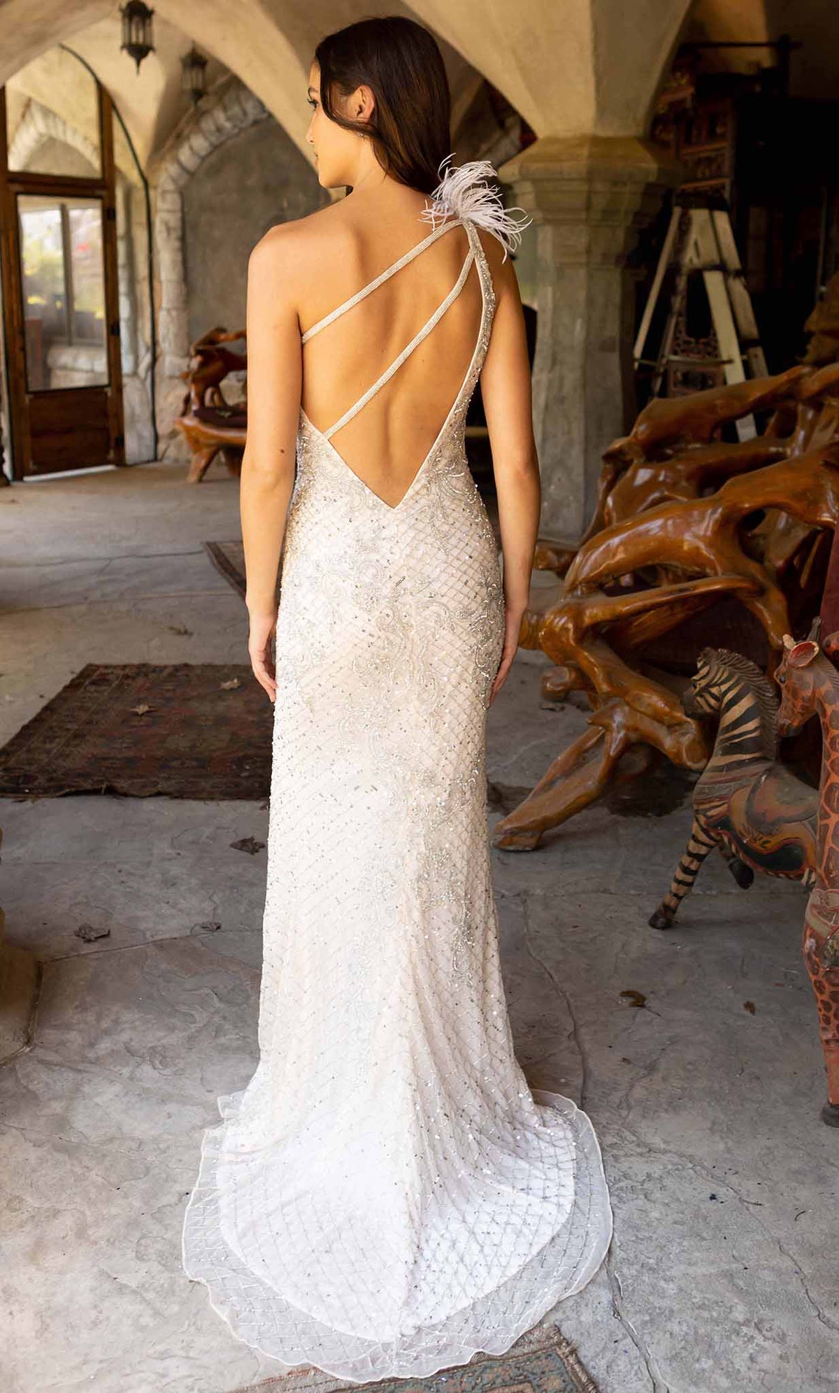 Primavera Couture 3921 - Feathered One Sleeve Evening Dress - view 4