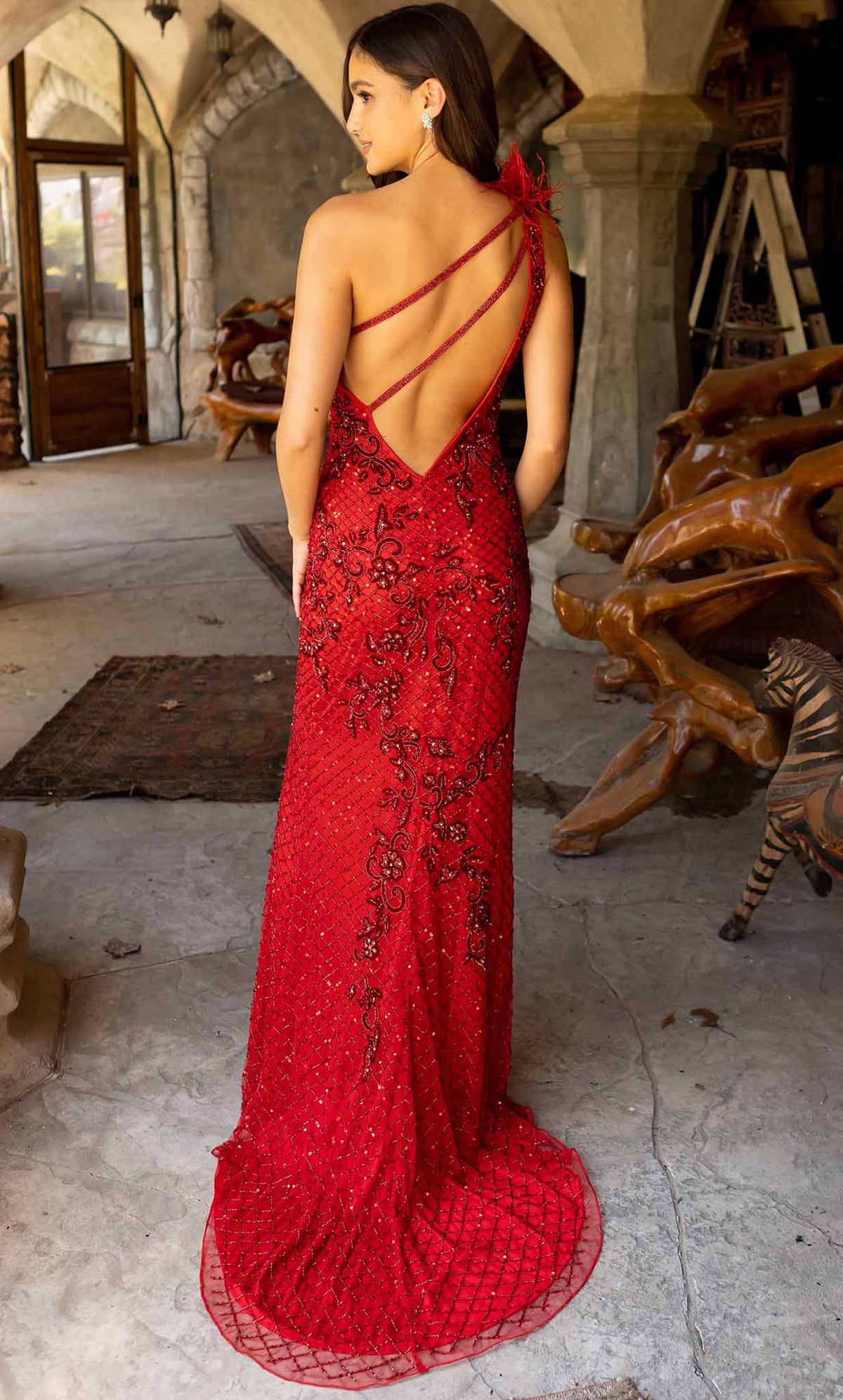 Primavera Couture 3921 - Feathered One Sleeve Evening Dress - view 5
