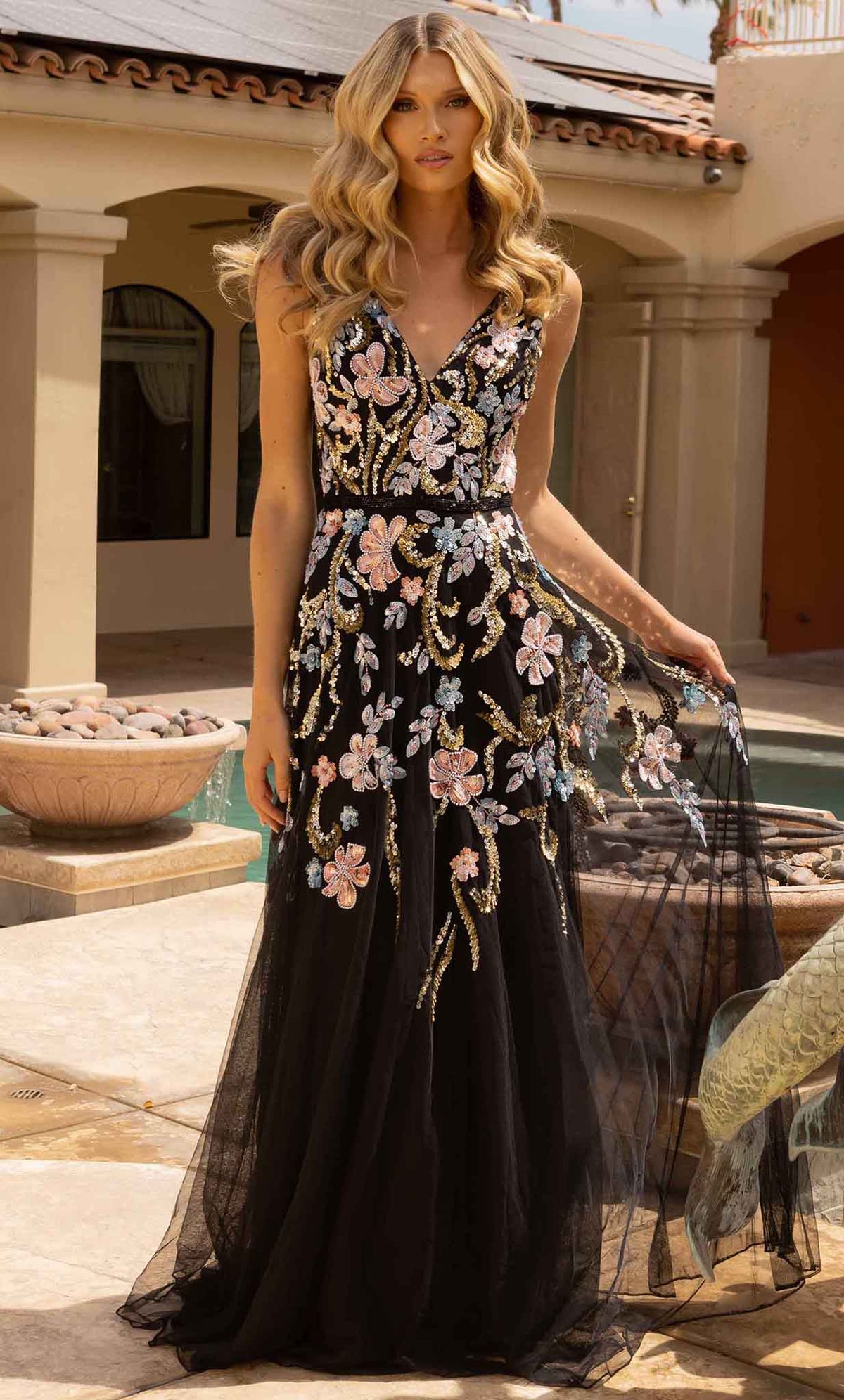 Primavera Couture 3929 - Floral Patterned Embellished Tulle Gown - designer prom dress at Silhouette Dresses
