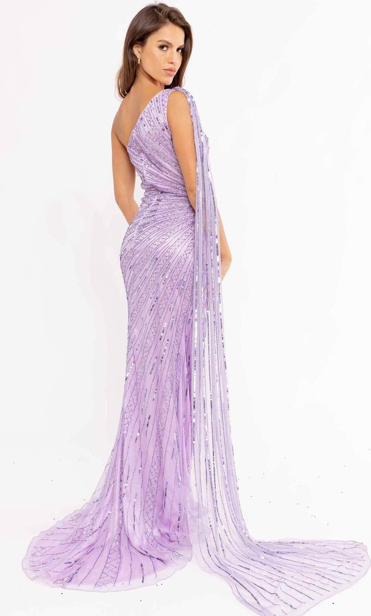 Primavera Couture 3956 - One Shoulder High Slit Gown - back view