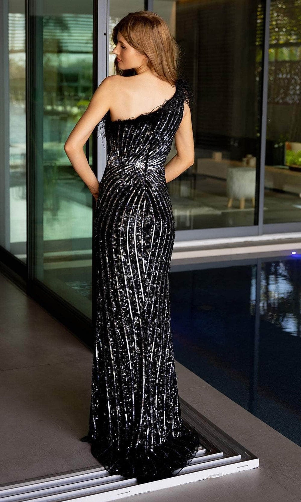 Primavera Couture 4112 - Feather Fringed Sheath Prom Dress