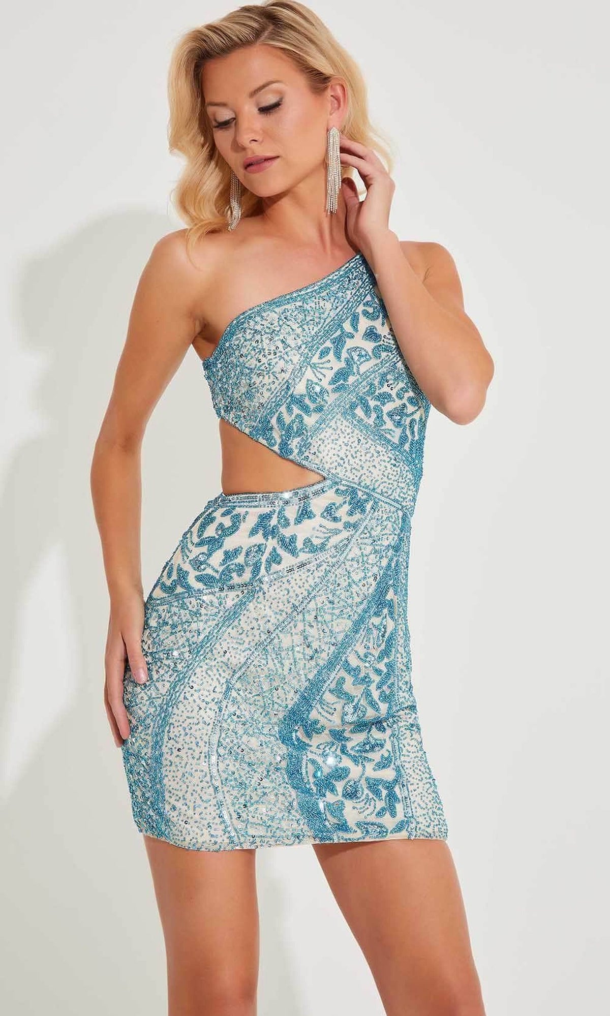 Primavera Couture 4228 - Geometric Beaded Asymmetric Cocktail Dress