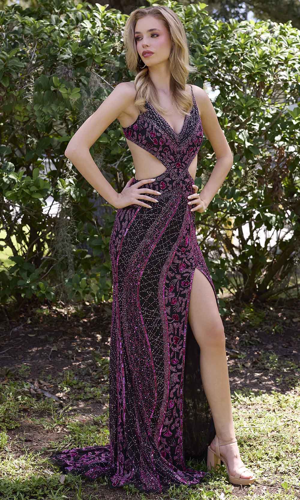 Primavera Couture 4308 - Cutout Waist Beaded Ornate Prom Dress - designer prom dress at Silhouette Dresses