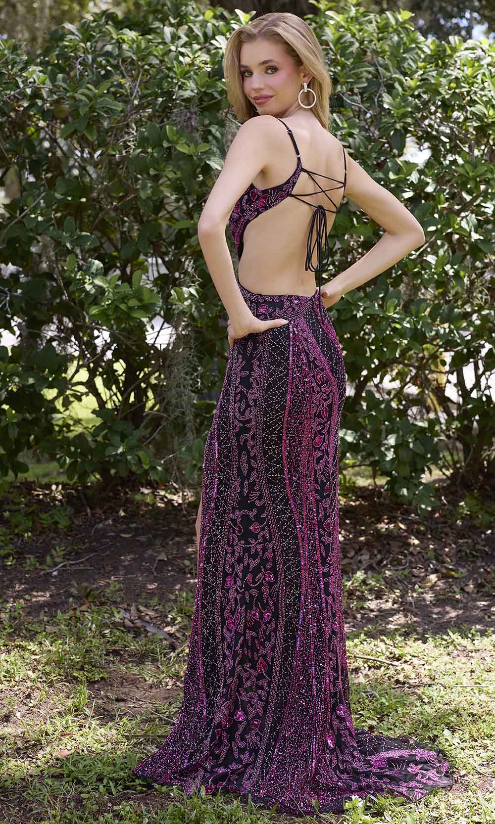 Primavera Couture 4308 - Cutout Waist Beaded Ornate Prom Dress - back view