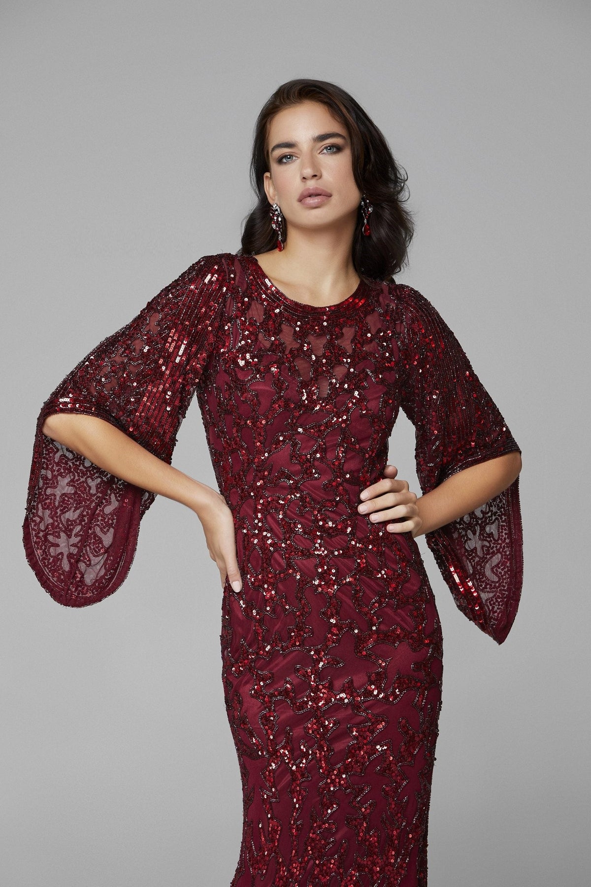 Primavera Couture - 9713 Sequined Flare Sleeve Junior Prom Gown - view 9
