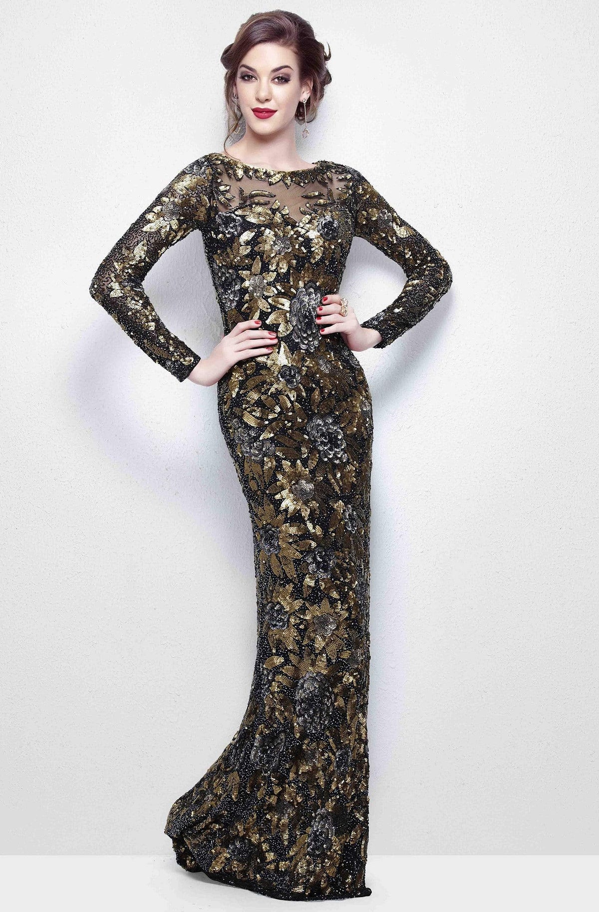 Primavera Couture - Long Sleeve Luxurious Floral Sequined Long Sheath Gown 1401 - view 15