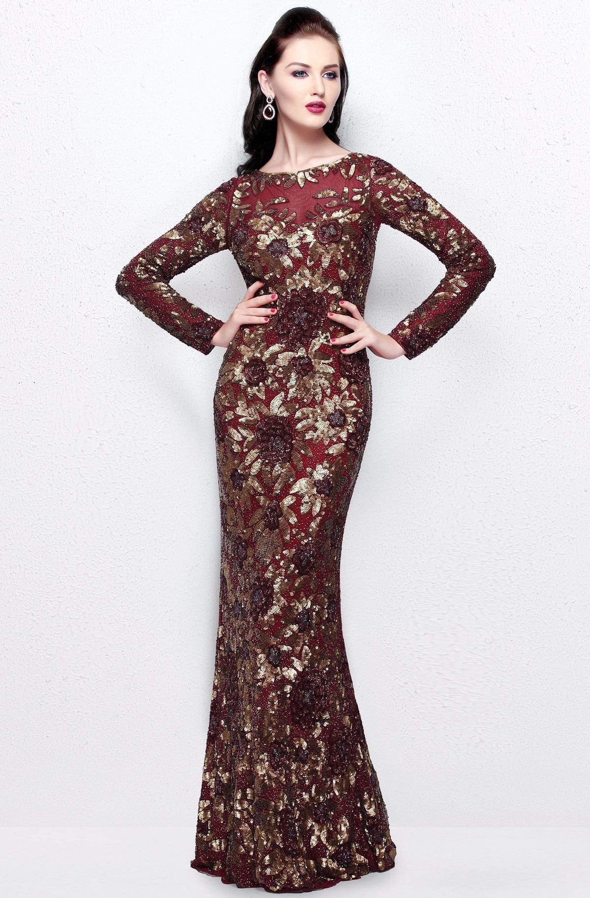 Primavera Couture - Long Sleeve Luxurious Floral Sequined Long Sheath Gown 1401 - view 9