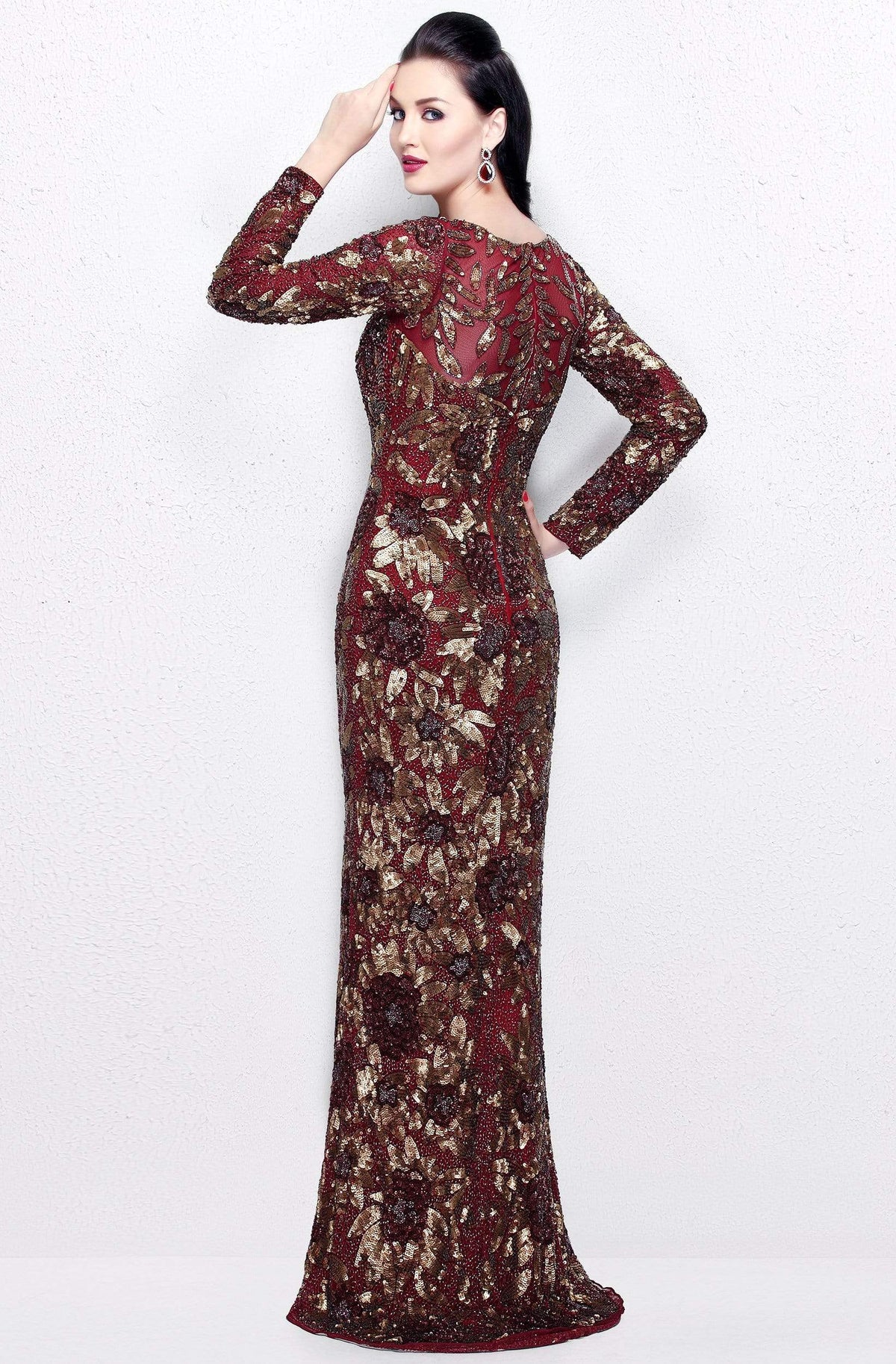 Primavera Couture - Long Sleeve Luxurious Floral Sequined Long Sheath Gown 1401 - view 10