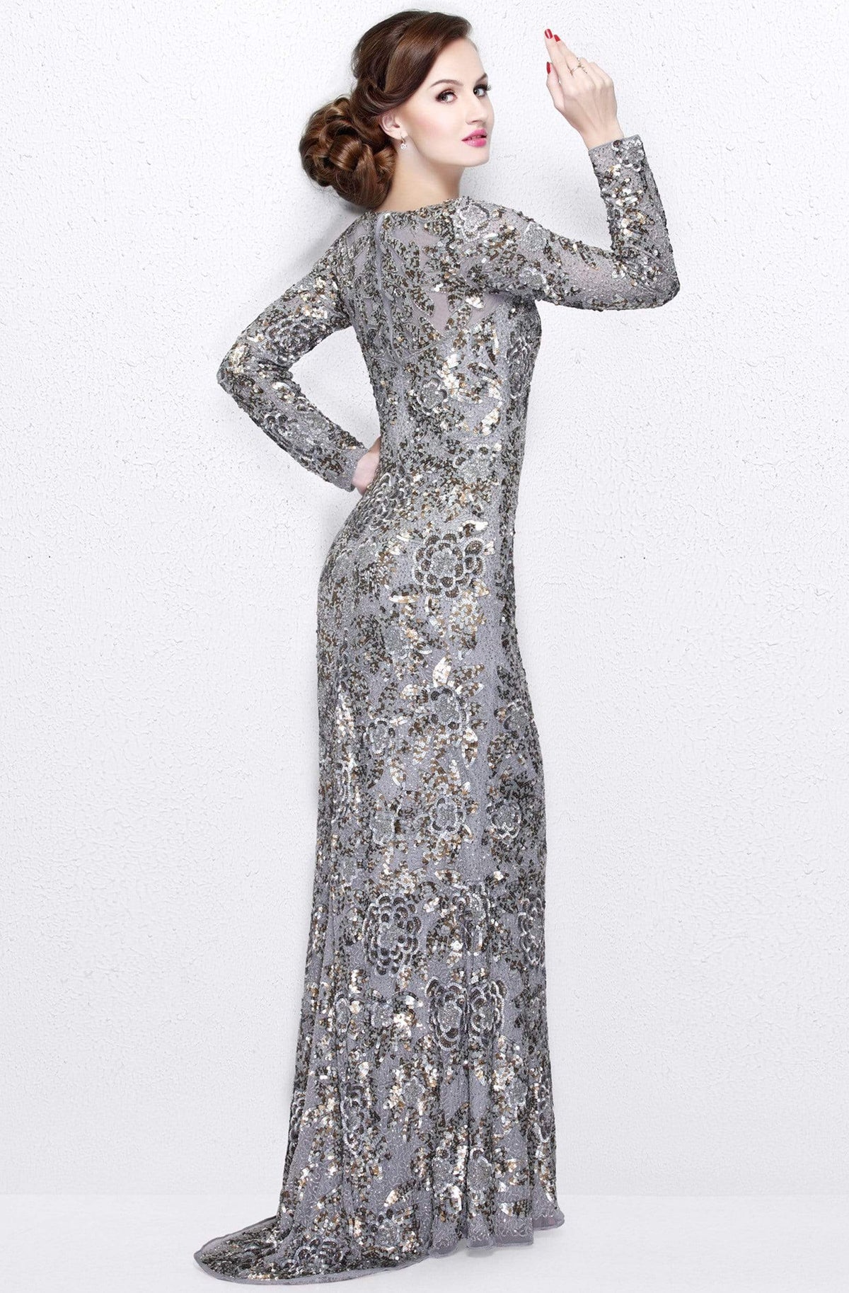 Primavera Couture - Long Sleeve Luxurious Floral Sequined Long Sheath Gown 1401 - view 4