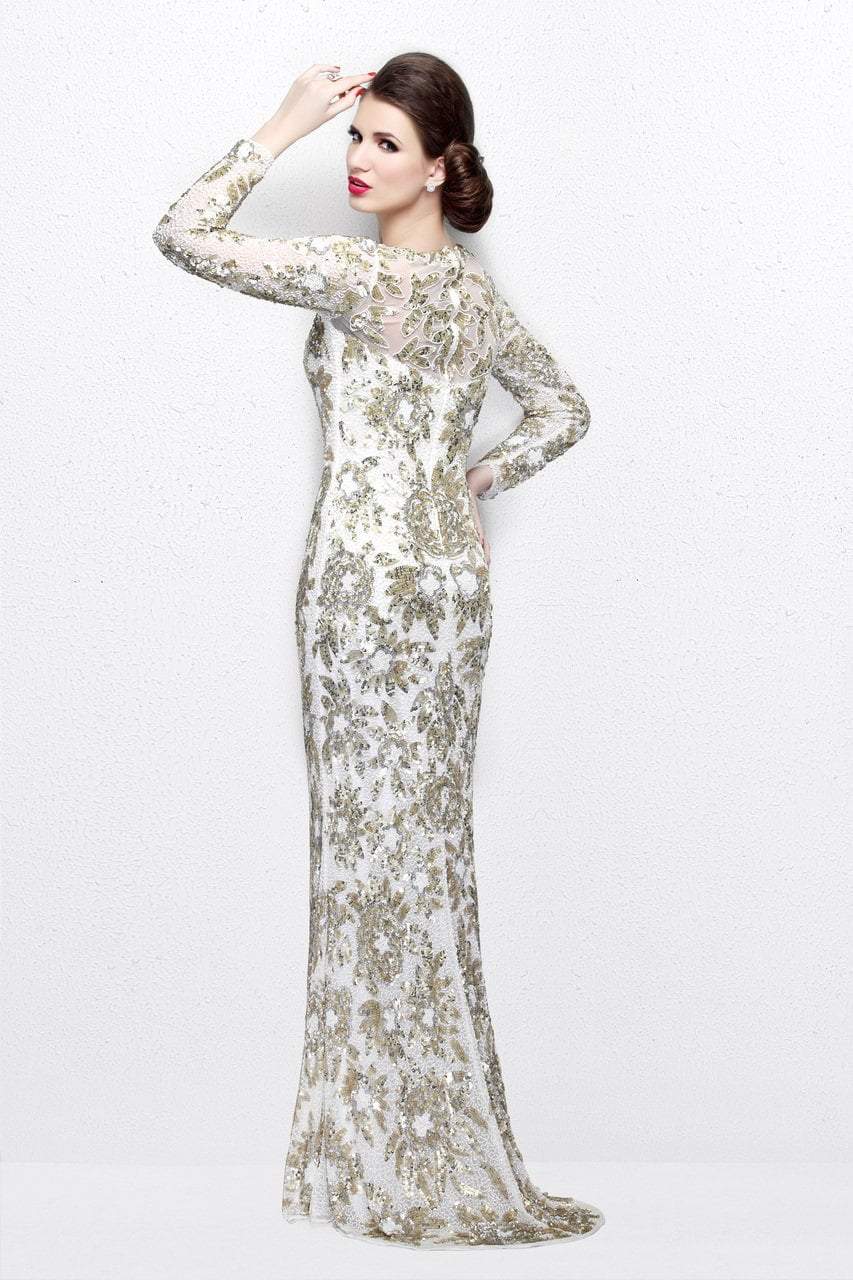 Primavera Couture - Long Sleeve Luxurious Floral Sequined Long Sheath Gown 1401 - view 11