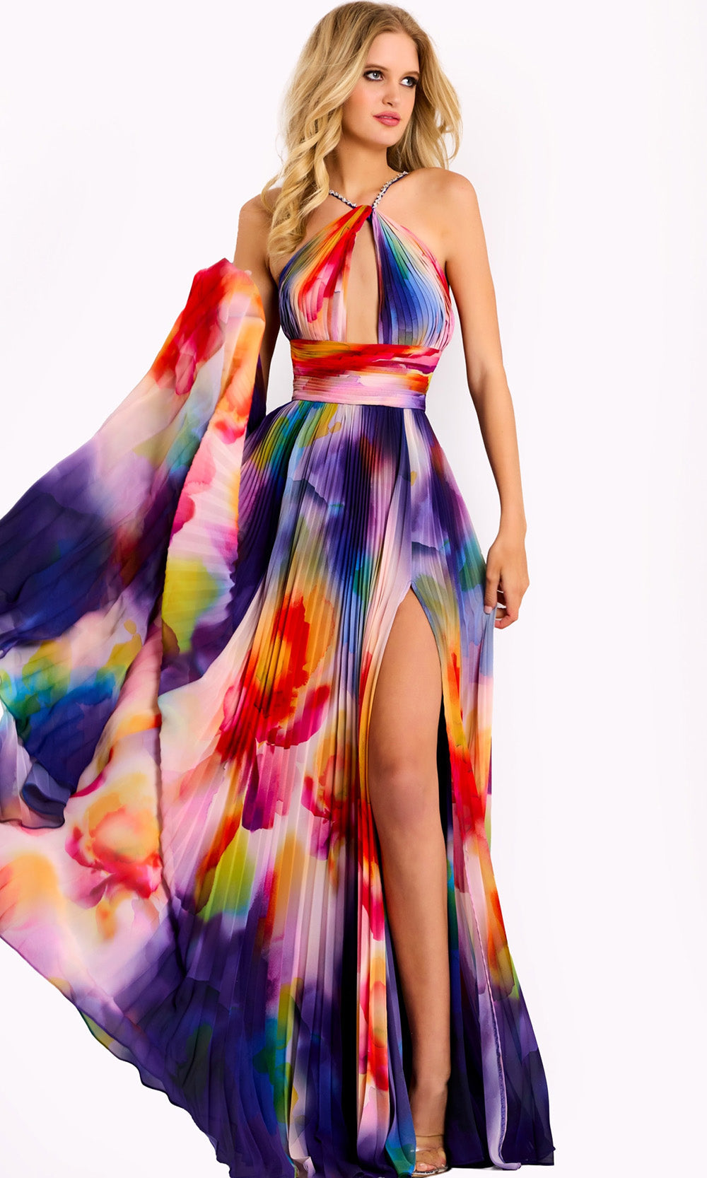 Jovani 42717 - Multicolor Print Pleated A-Line Dress - detail view