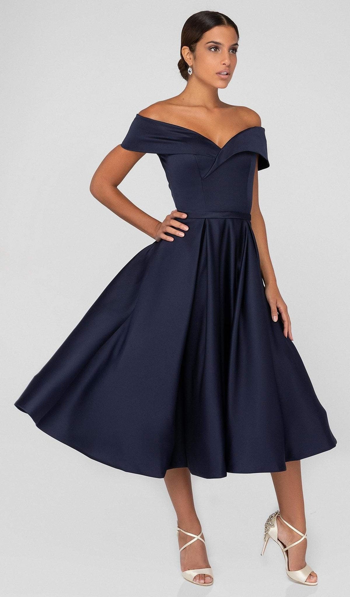 Terani Couture - 1912C9656 Off-Shoulder Tea Length A-line Dress
