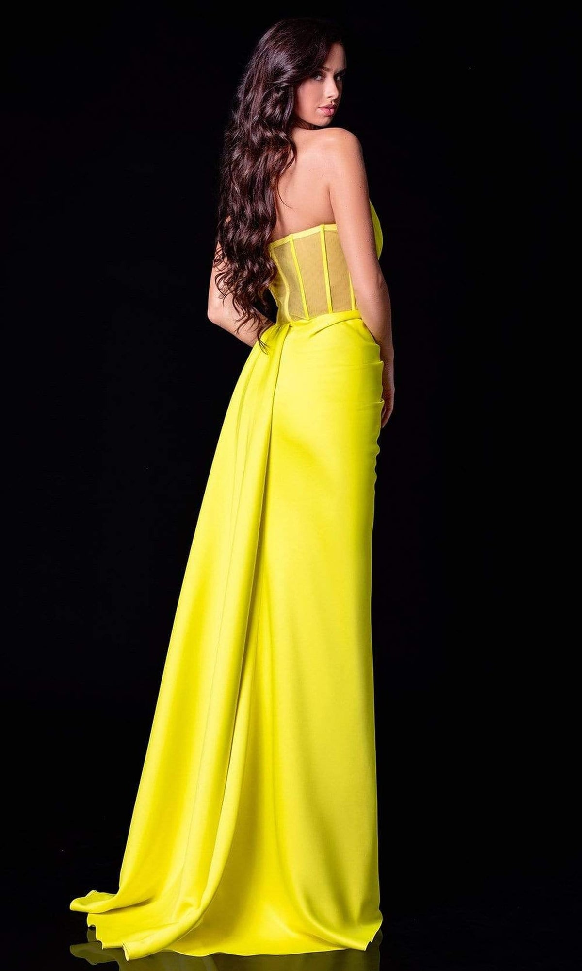 Terani Couture - 2111P4020 Pleated V Neck Sheath Dress With Slit
