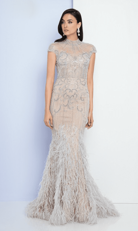 Terani Couture - 1721GL4446 Feathered High Neck Mermaid Dress - detail view