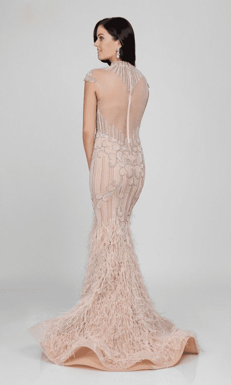 Terani Couture - 1721GL4446 Feathered High Neck Mermaid Dress - back view