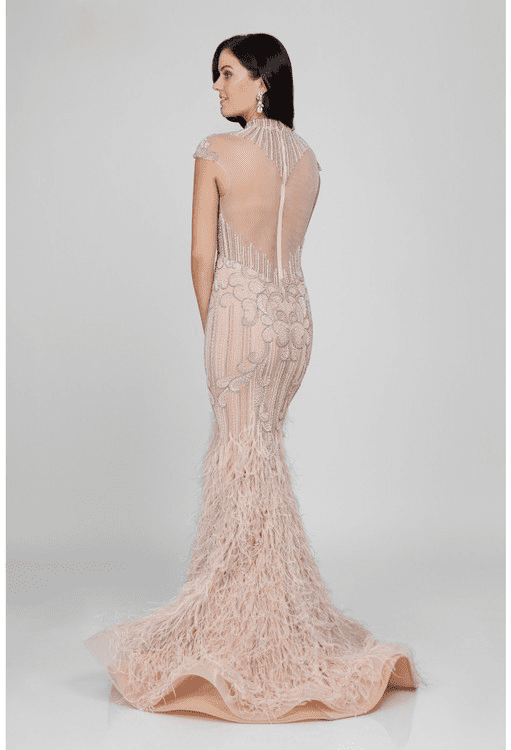 Terani Couture - 1721GL4446 Feathered High Neck Mermaid Dress - back view