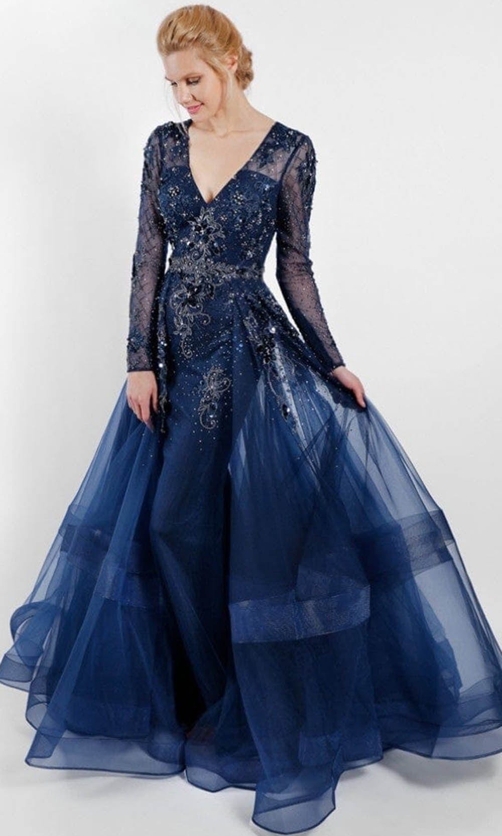 Terani Couture - 1722M4354 V-Neck Beaded Overskirt Gown - view 5