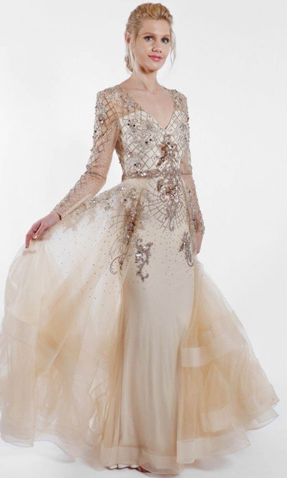 Terani Couture - 1722M4354 V-Neck Beaded Overskirt Gown - detail view