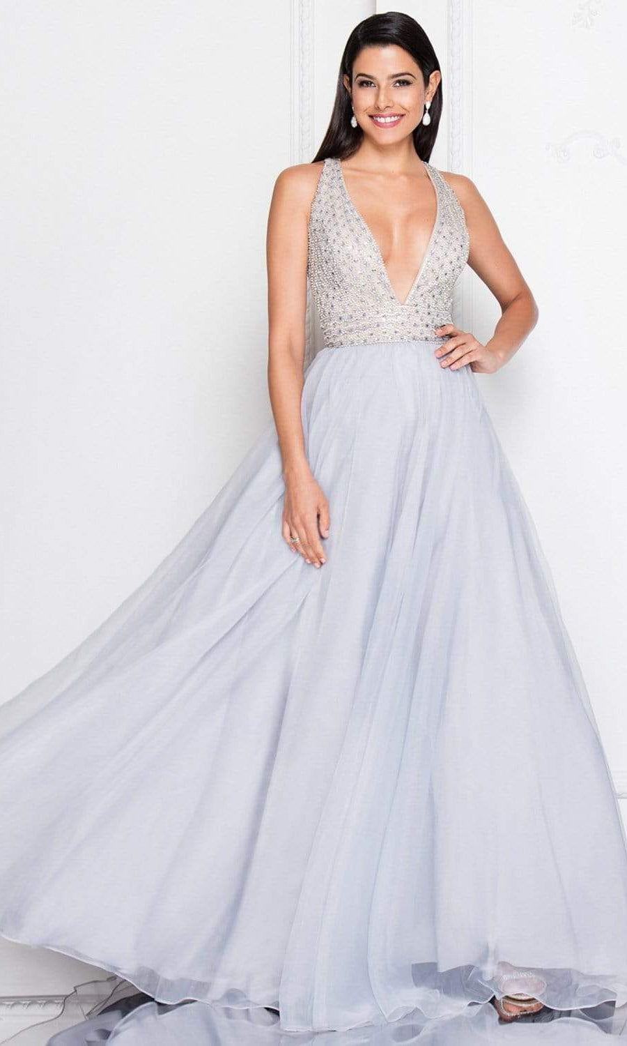Terani Couture - 1811P5814 Embellished Deep V-neck Ballgown - designer prom dress at Silhouette Dresses