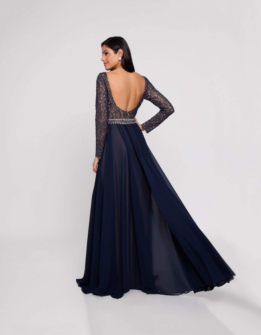 Terani Couture - 1812M6650 Lace Long Sleeved A-line Gown - back view