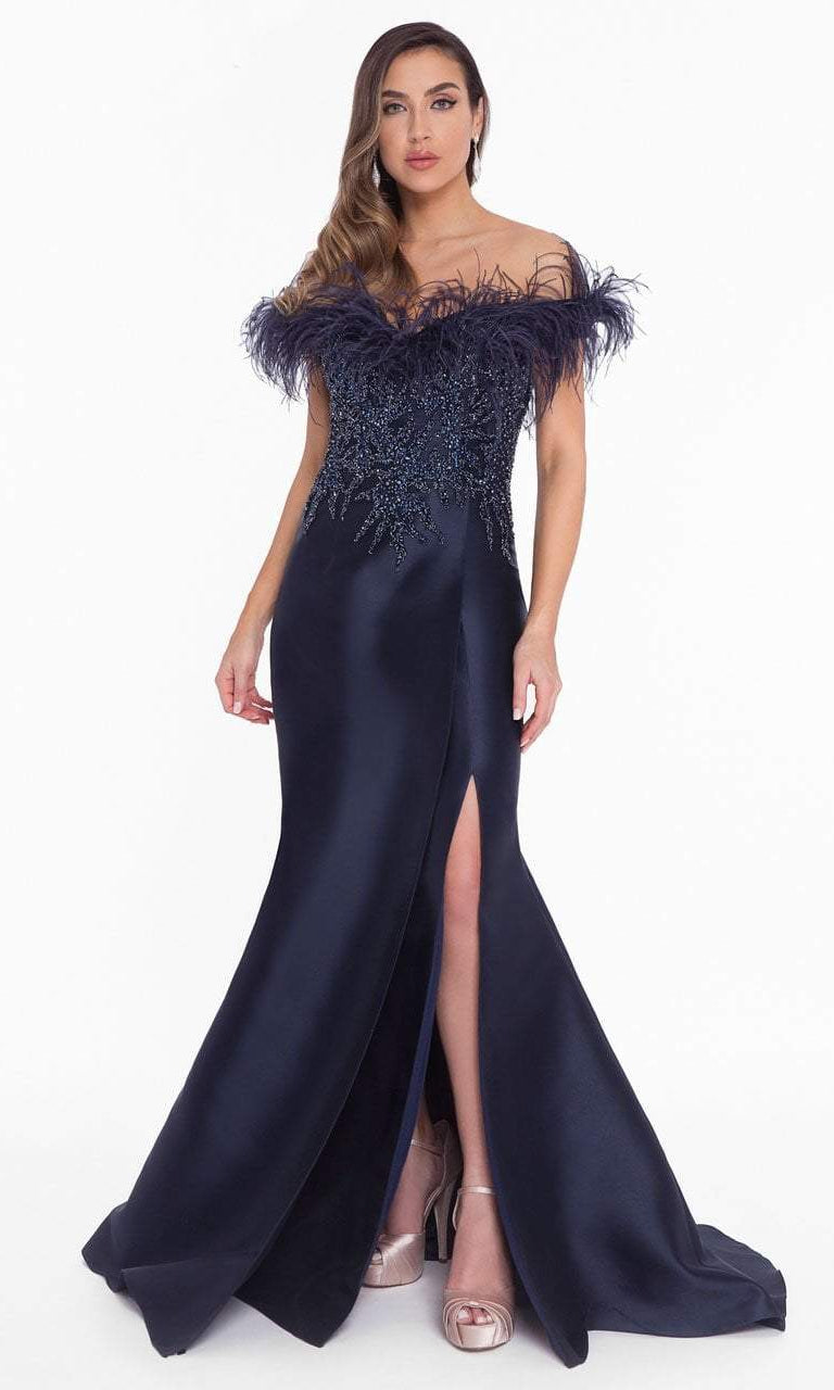 Terani Couture - 1821E7142 Feather Accent Off Shoulder Mermaid Dress - designer evening gown at Silhouette Dresses