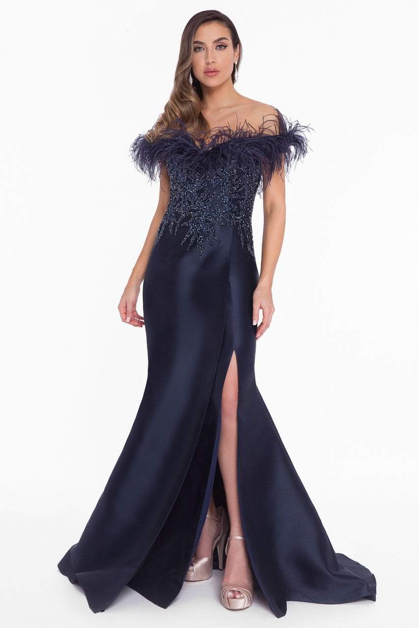 Terani Couture - 1821E7142 Feather Accent Off Shoulder Mermaid Dress - designer evening gown at Silhouette Dresses