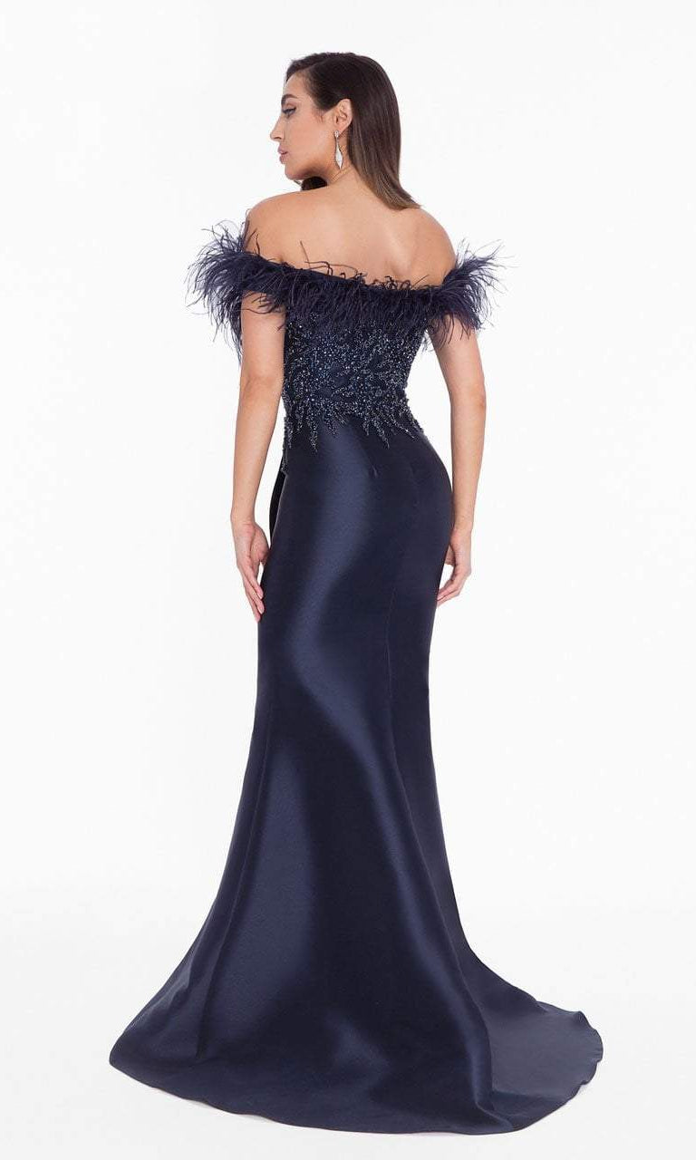 Terani Couture - 1821E7142 Feather Accent Off Shoulder Mermaid Dress - back view
