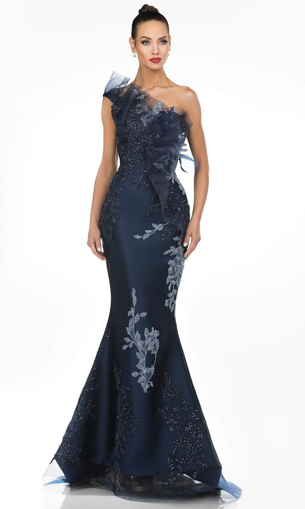 Terani Couture - 1911E9095 Embroidered Asymmetric Neck Mermaid Gown - back view