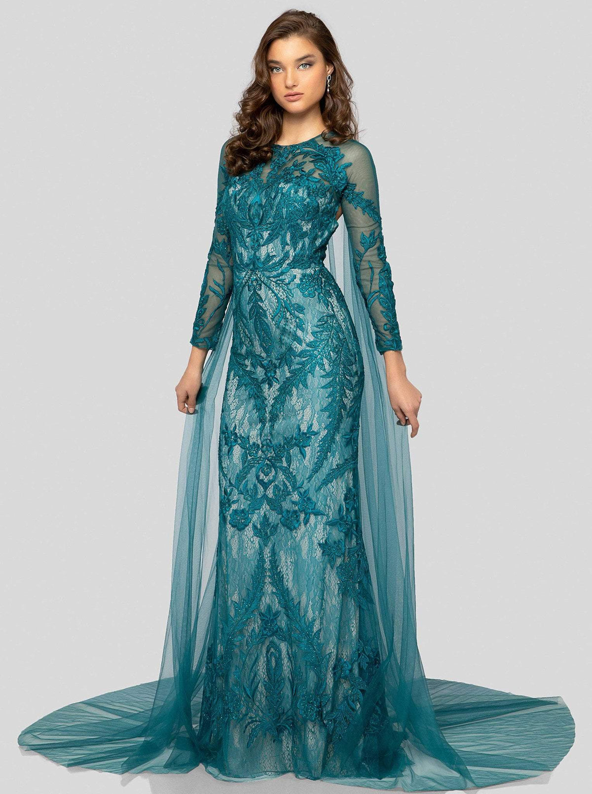 Terani Couture - 1911GL9468 Leafy Embroidered Sheath Evening Dress