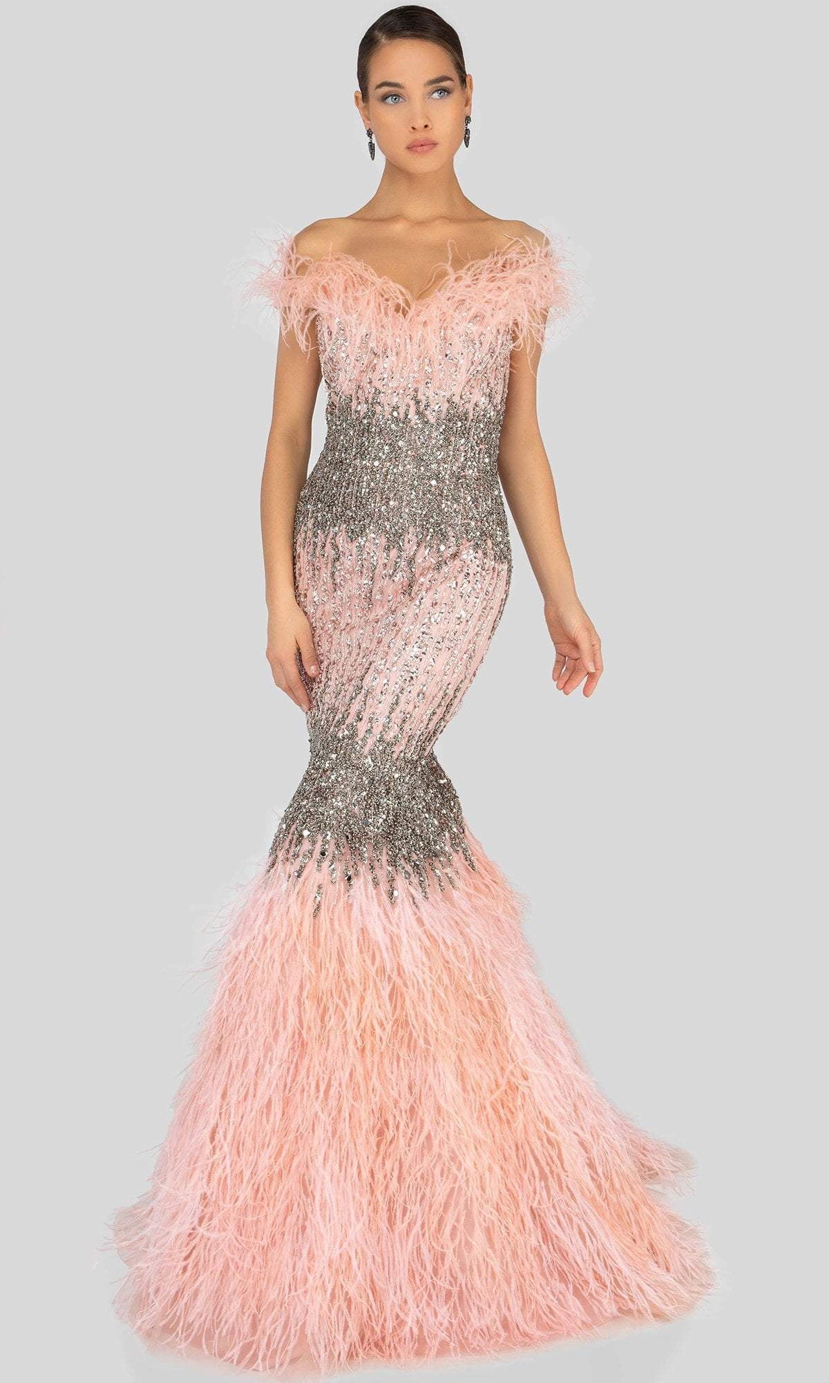 Terani Couture - 1911GL9512 Feather-Fringed Bejeweled Mermaid Gown - designer mother of the bride dress at Silhouette Dresses