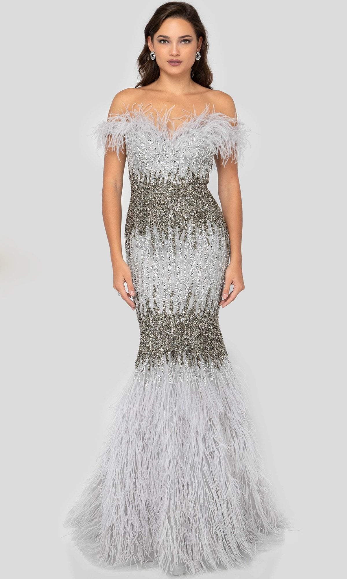 Terani Couture - 1911GL9512 Feather-Fringed Bejeweled Mermaid Gown - detail view