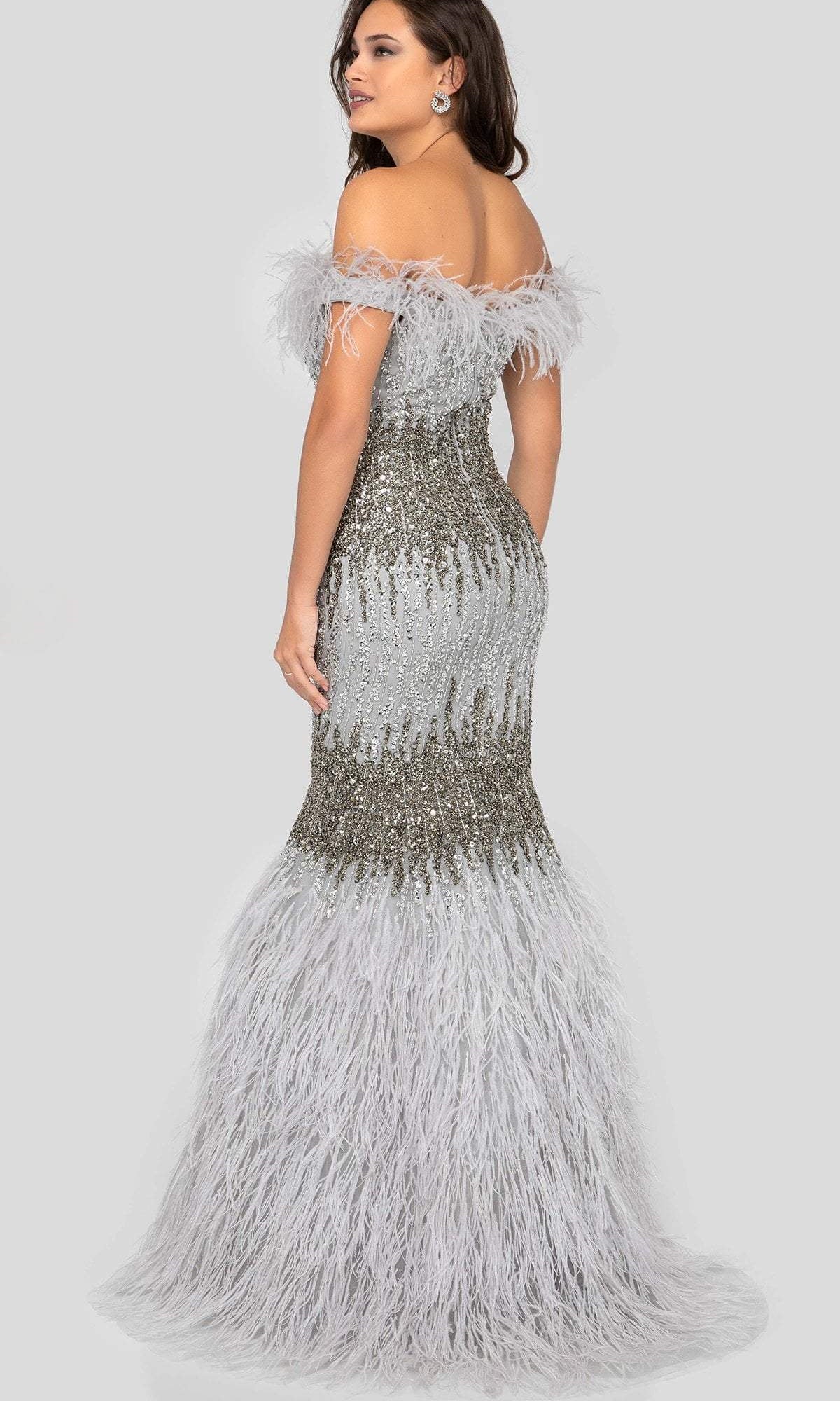 Terani Couture - 1911GL9512 Feather-Fringed Bejeweled Mermaid Gown - view 4