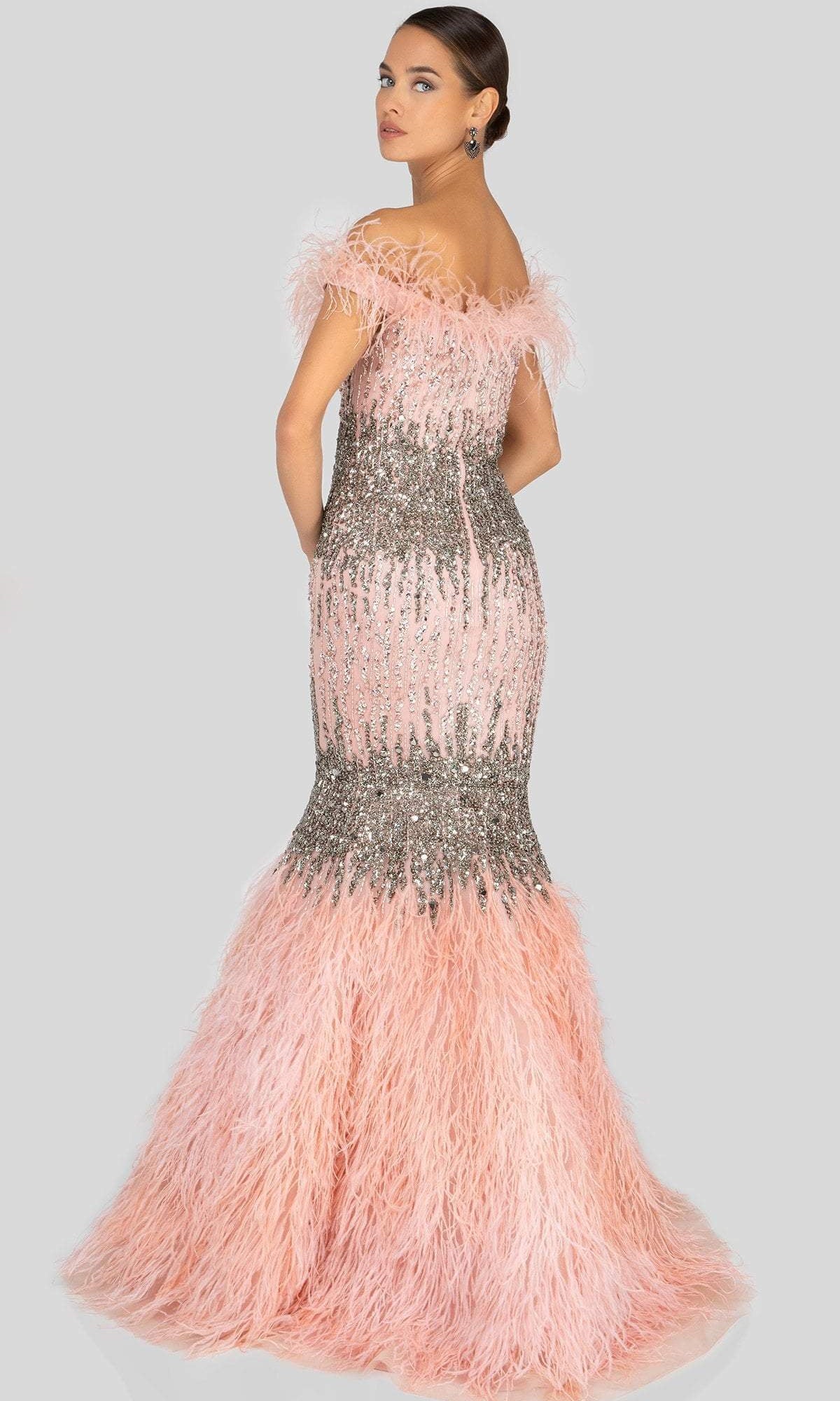 Terani Couture - 1911GL9512 Feather-Fringed Bejeweled Mermaid Gown - back view