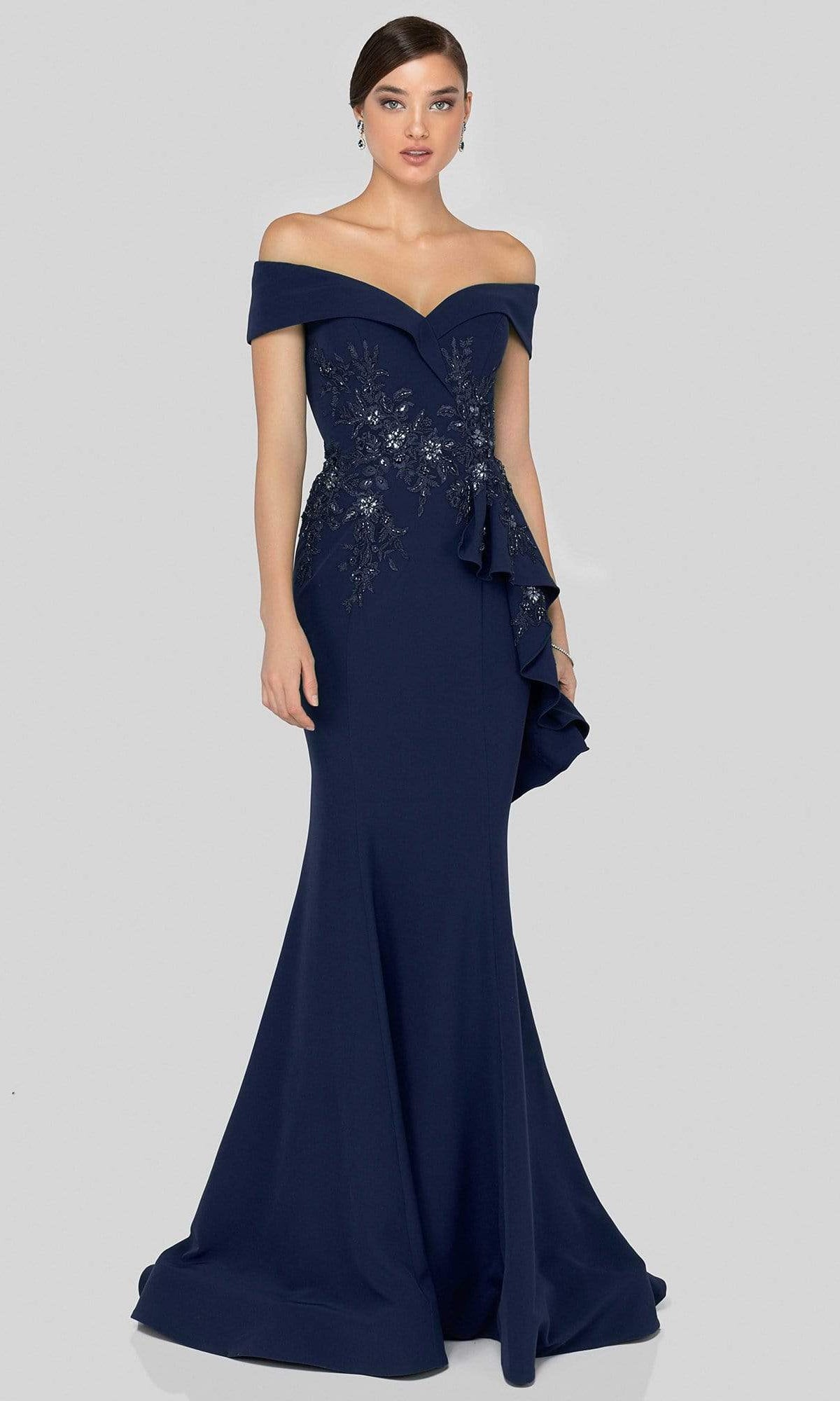 Terani Couture - 1911M9339 Off Shoulder Side Drape Peplum Mermaid Gown - detail view