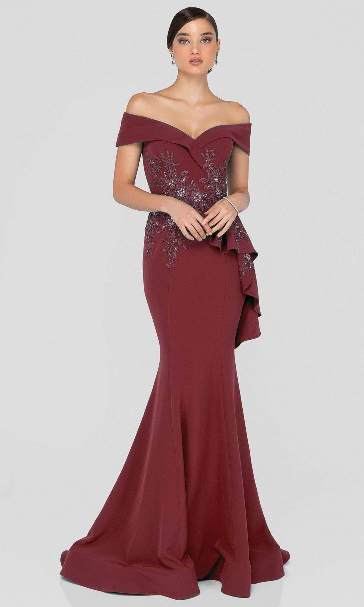 Terani Couture - 1911M9339 Off Shoulder Side Drape Peplum Mermaid Gown - view 4