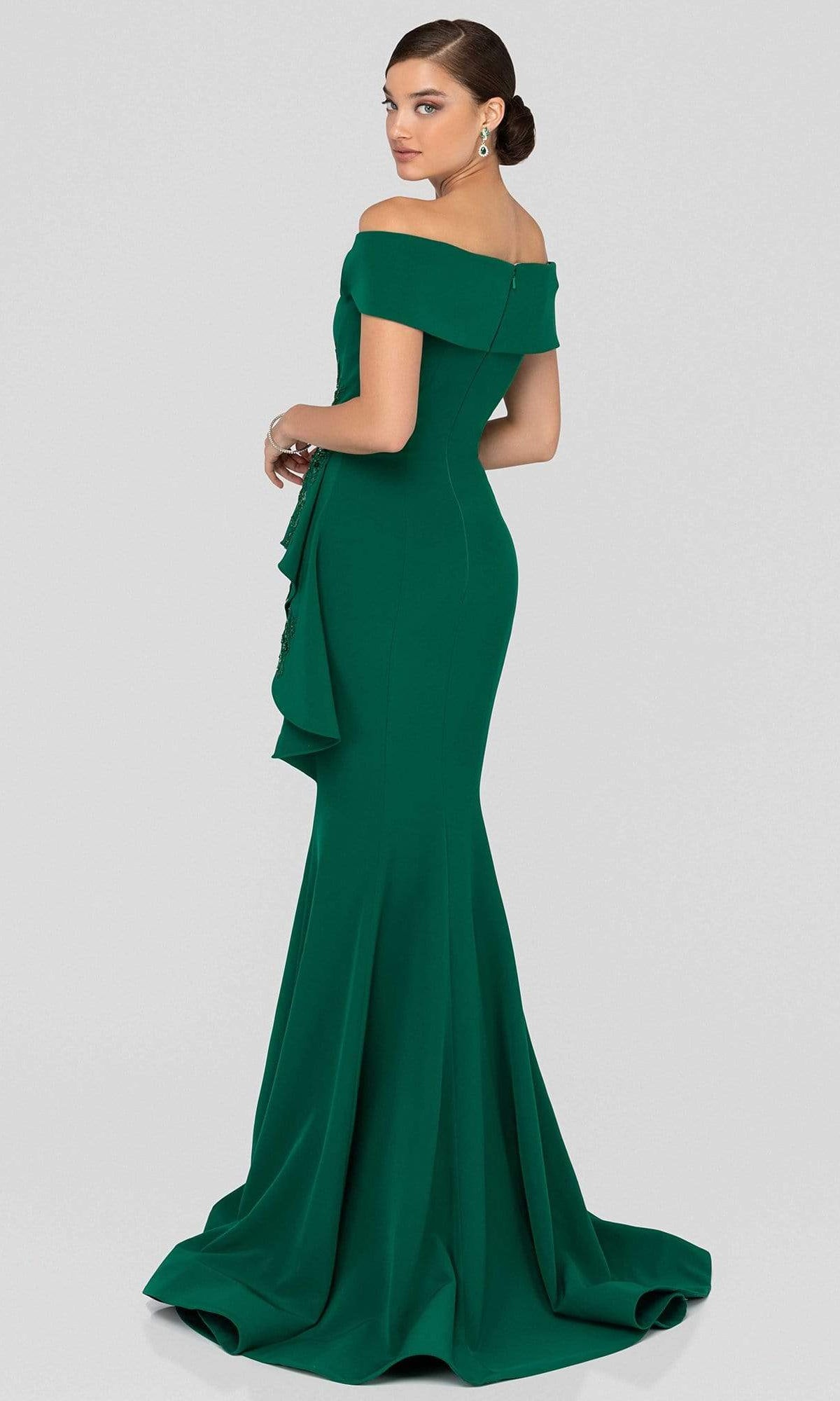 Terani Couture - 1911M9339 Off Shoulder Side Drape Peplum Mermaid Gown - back view